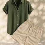 Linen Rayon Blend Button Up Shirt & Linen Drawstring Shorts Fernache