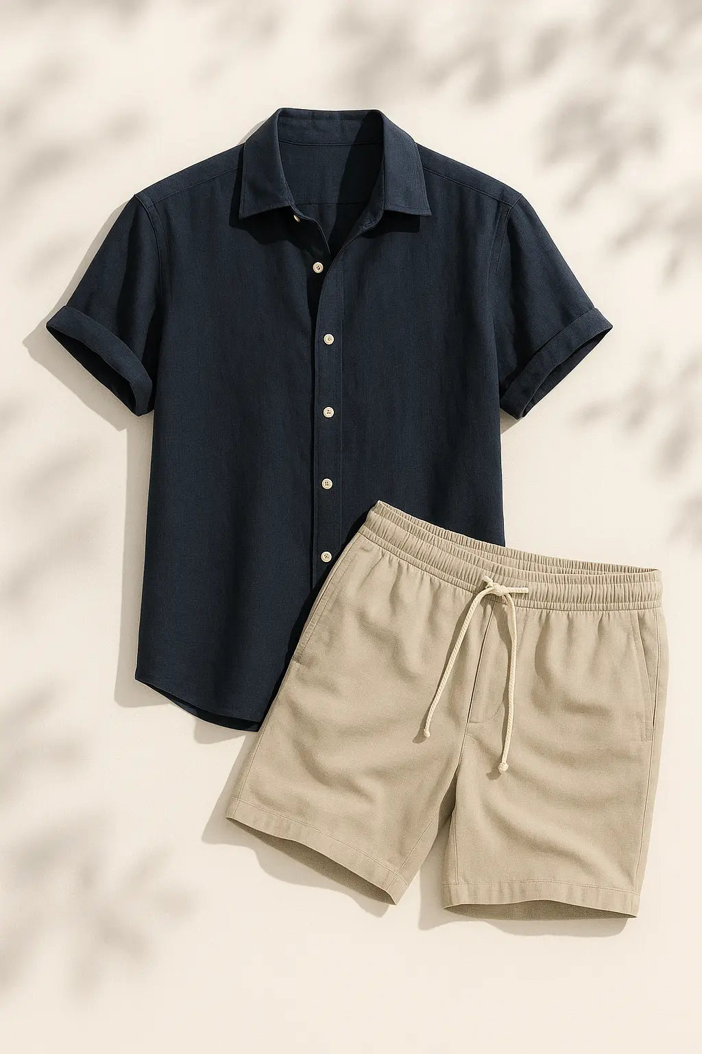 Linen Rayon Blend Button Up Shirt & Linen Drawstring Shorts Fernache
