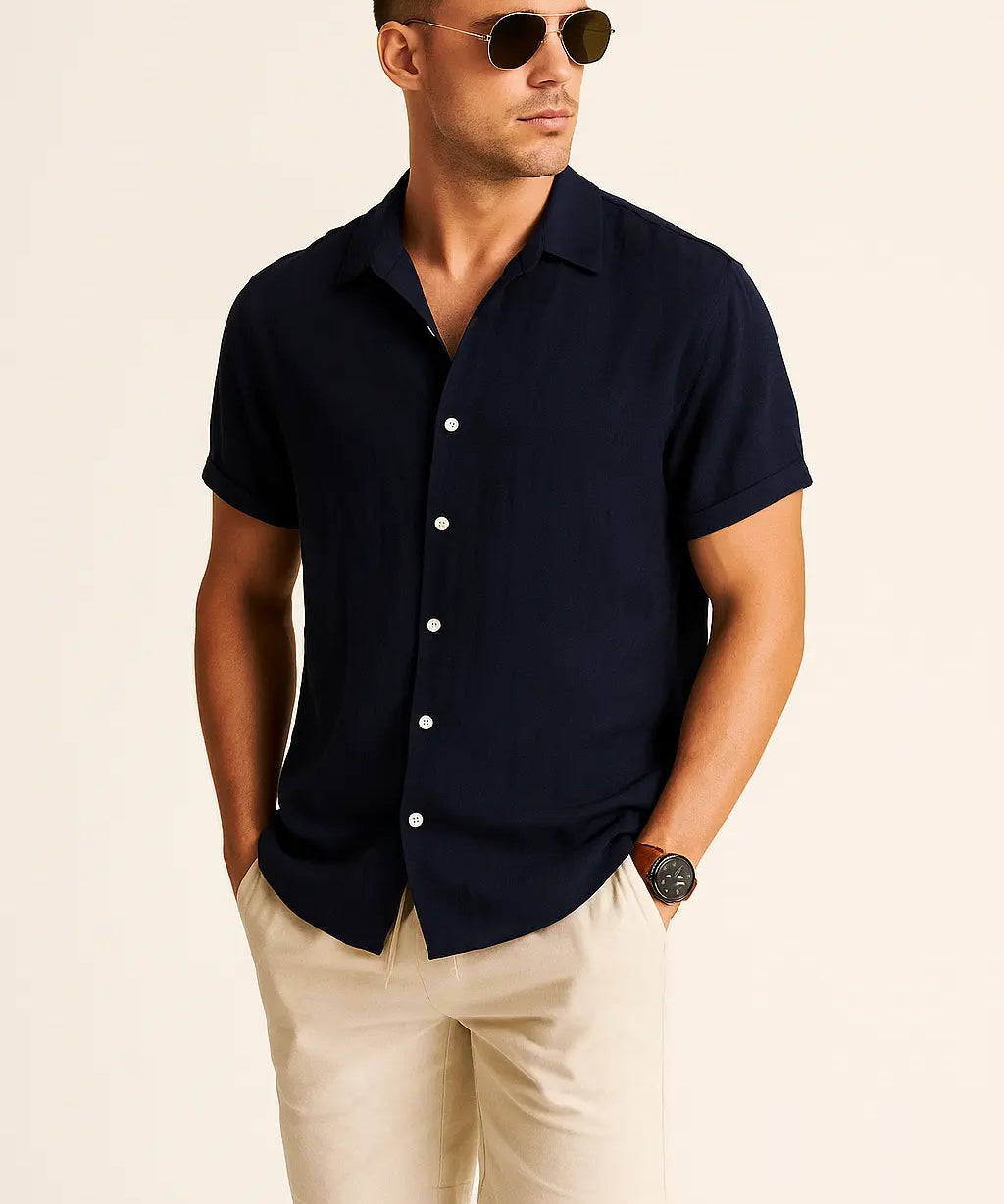 Linen Rayon Blend Button Up Shirt & Linen Drawstring Shorts Fernache