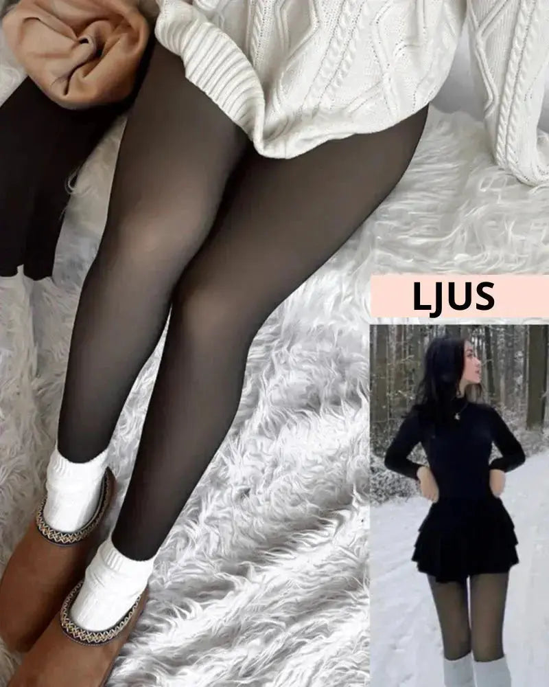 Side view of woman wearing Fernache velvet tights – sleek and elegant leg contour