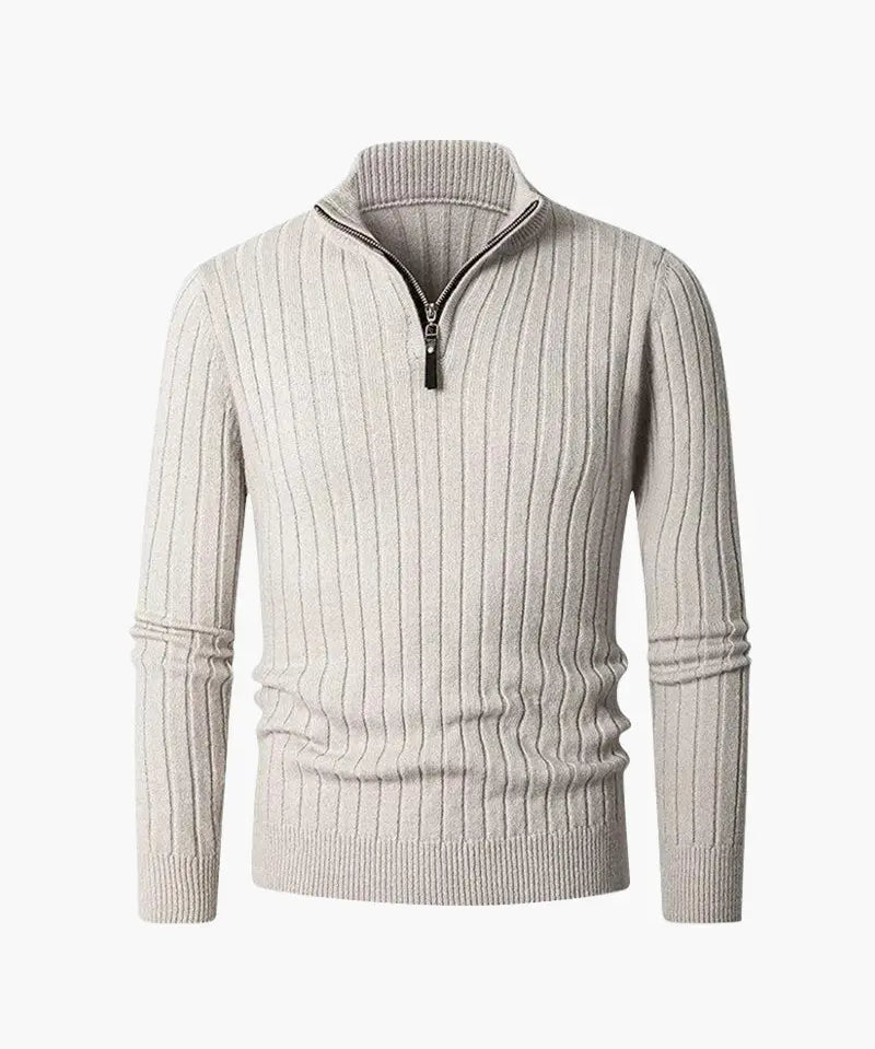 Beige ribbed sweater with a quarter zip on a white background