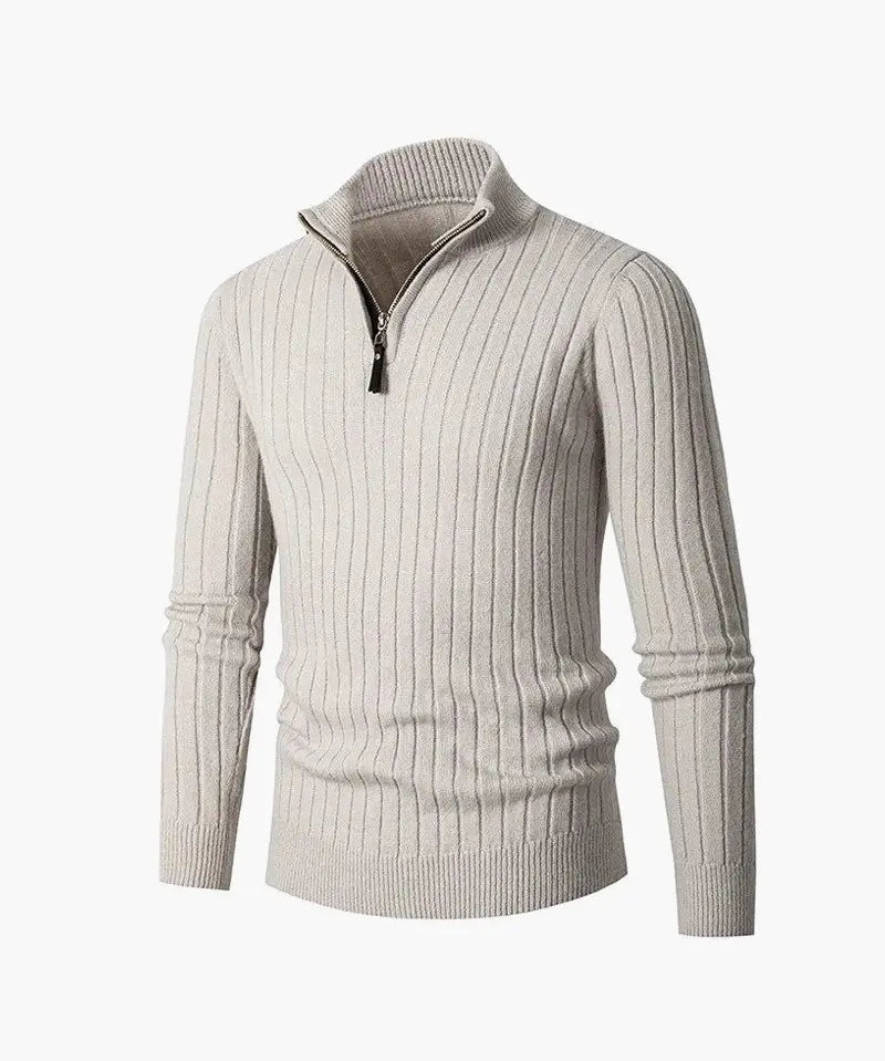 Beige ribbed sweater with a zipper on a white background
