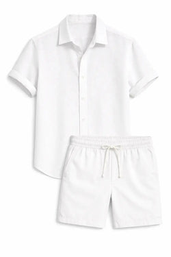 Linen Rayon Blend Button Up Shirt & Linen Drawstring Shorts Fernache
