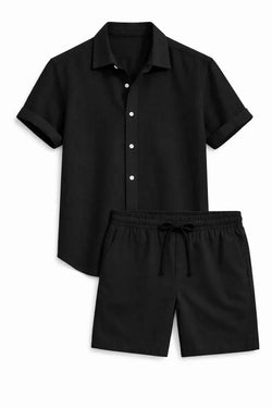 Linen Rayon Blend Button Up Shirt & Linen Drawstring Shorts Fernache