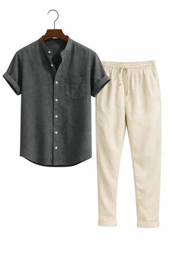 Short Sleeve Stand Collar Shirt & Straight Leg Linen Pants FERNACHE
