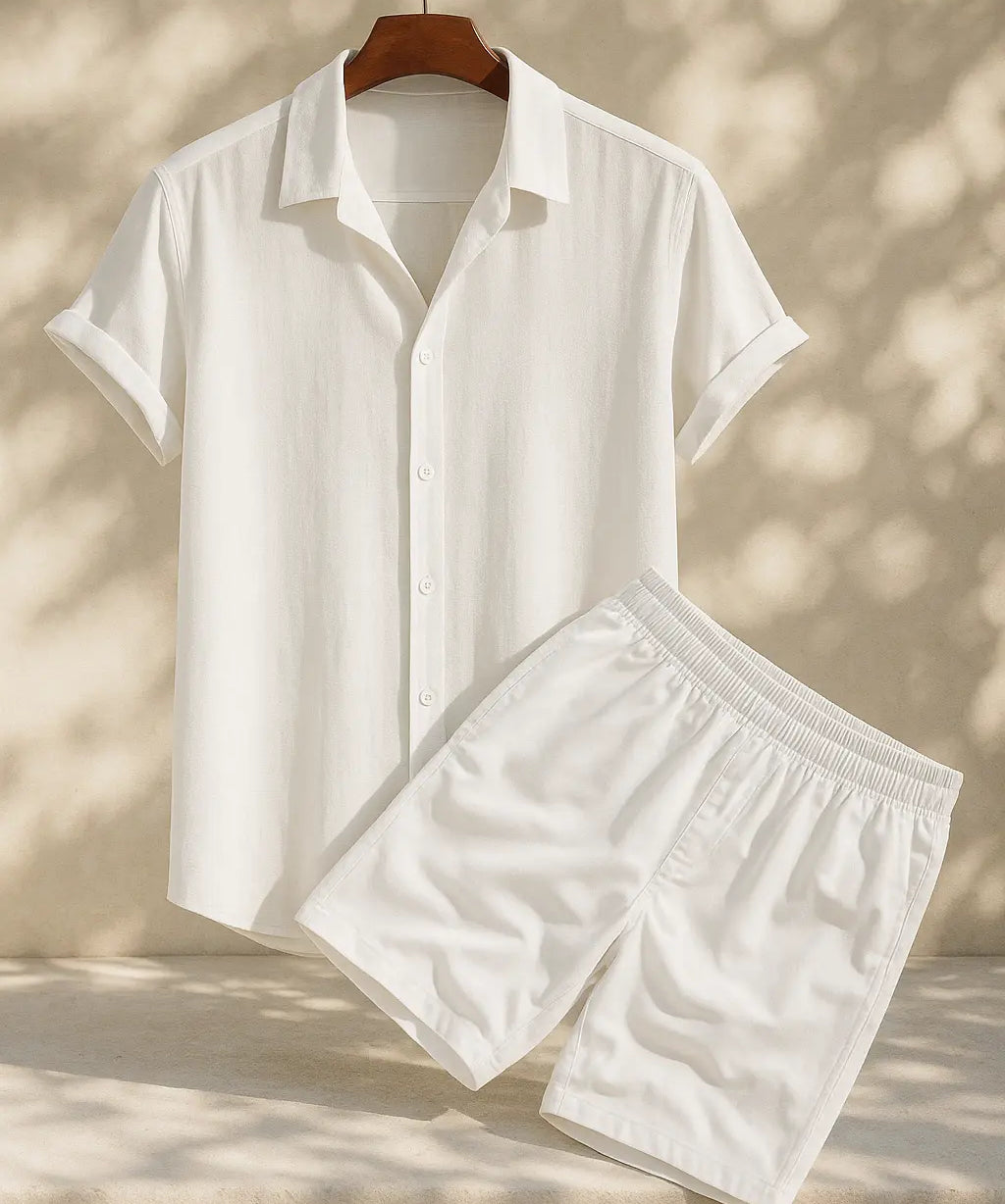 Linen Rayon Blend Button Up Shirt & Linen Drawstring Shorts Fernache