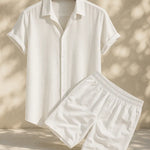 Linen Rayon Blend Button Up Shirt & Linen Drawstring Shorts Fernache