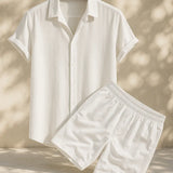 Linen Rayon Blend Button Up Shirt & Linen Drawstring Shorts Fernache