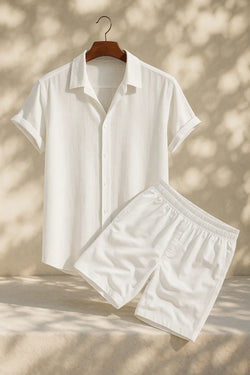 Linen Rayon Blend Button Up Shirt & Linen Drawstring Shorts Fernache