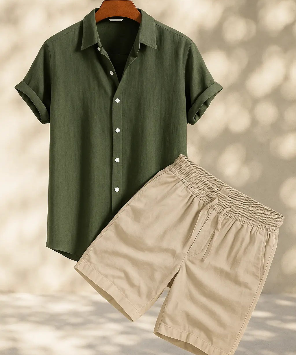 Linen Rayon Blend Button Up Shirt & Linen Drawstring Shorts Fernache