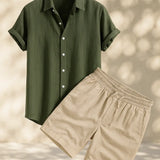 Linen Rayon Blend Button Up Shirt & Linen Drawstring Shorts Fernache