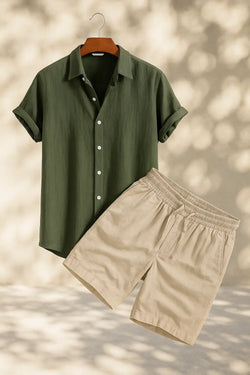 Linen Rayon Blend Button Up Shirt & Linen Drawstring Shorts Fernache
