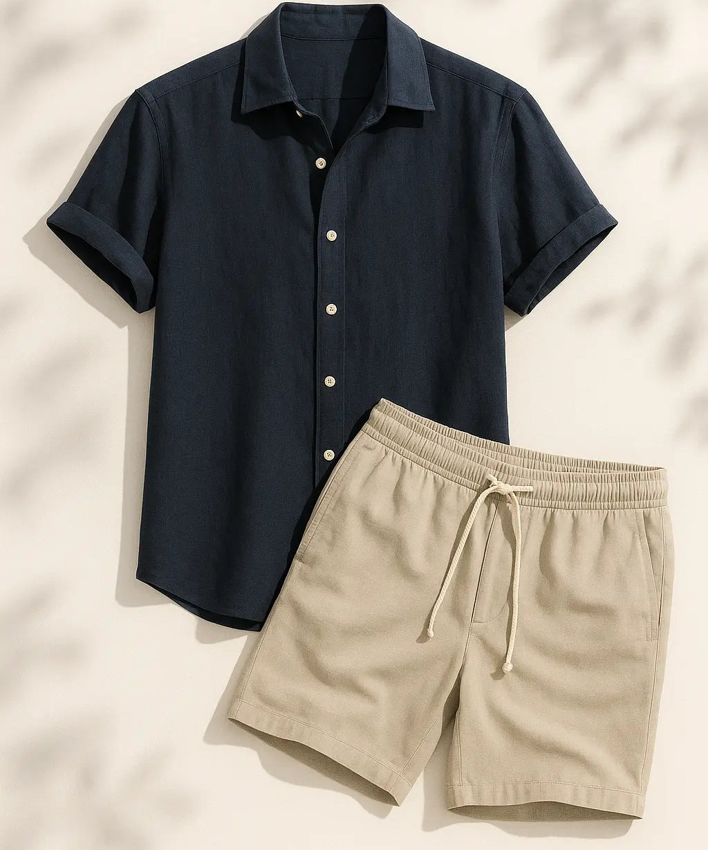 Linen Rayon Blend Button Up Shirt & Linen Drawstring Shorts Fernache