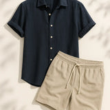 Linen Rayon Blend Button Up Shirt & Linen Drawstring Shorts Fernache