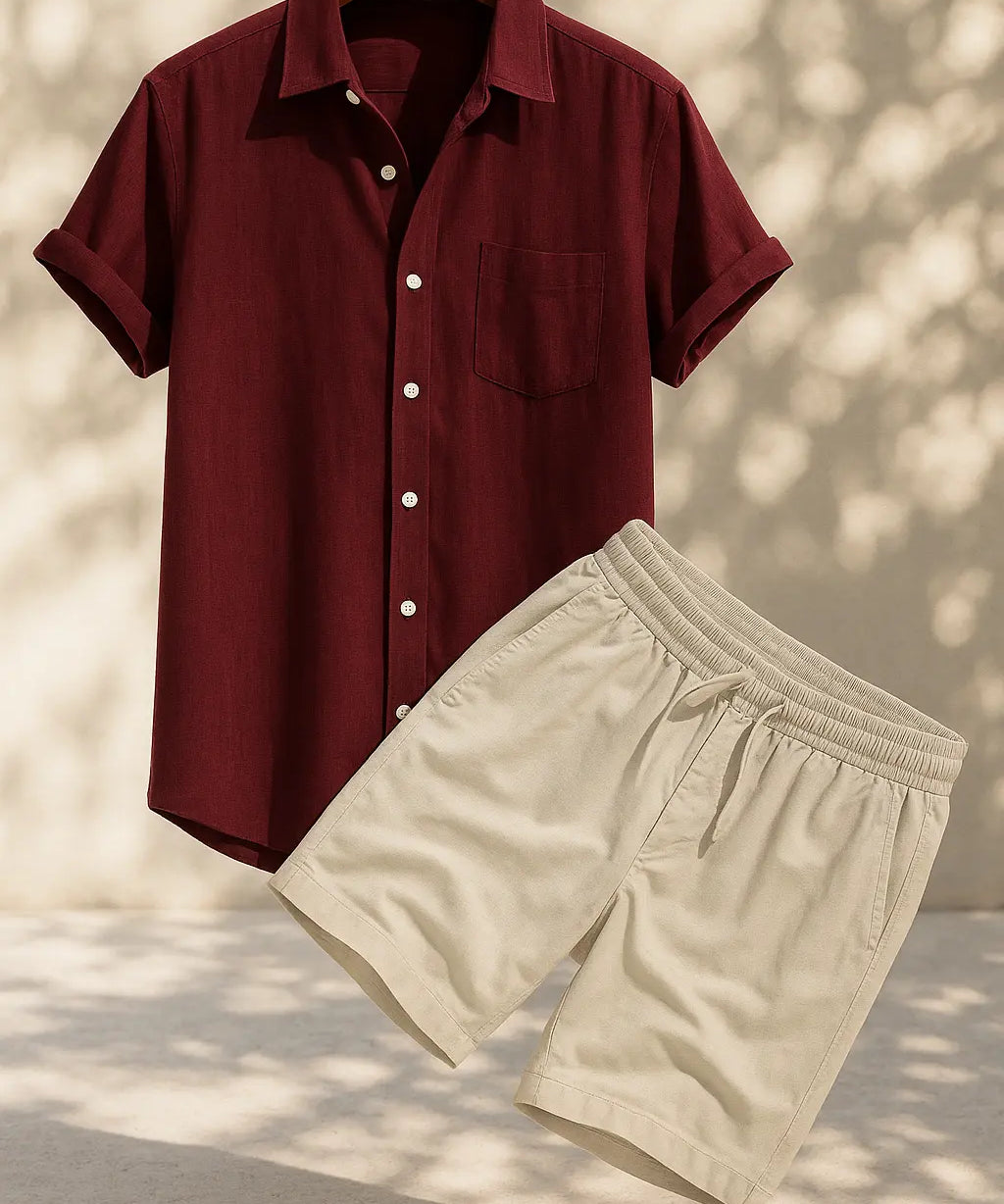 Linen Rayon Blend Button Up Shirt & Linen Drawstring Shorts Fernache