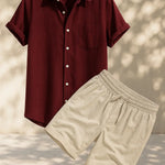 Linen Rayon Blend Button Up Shirt & Linen Drawstring Shorts Fernache