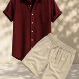 Linen Rayon Blend Button Up Shirt & Linen Drawstring Shorts Fernache