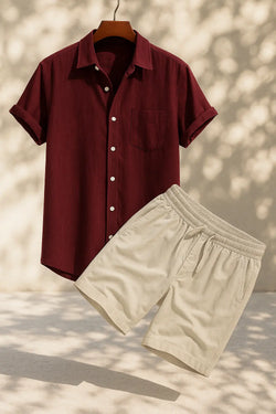 Linen Rayon Blend Button Up Shirt & Linen Drawstring Shorts Fernache