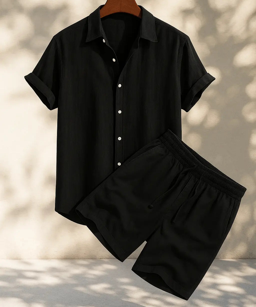 Linen Rayon Blend Button Up Shirt & Linen Drawstring Shorts Fernache