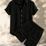 Linen Rayon Blend Button Up Shirt & Linen Drawstring Shorts Fernache