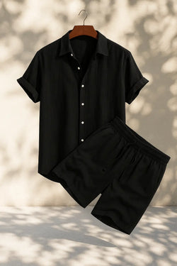 Linen Rayon Blend Button Up Shirt & Linen Drawstring Shorts Fernache