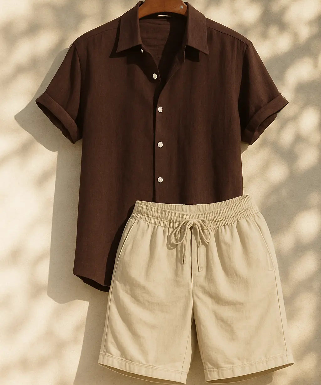 Linen Rayon Blend Button Up Shirt & Linen Drawstring Shorts Fernache