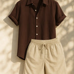 Linen Rayon Blend Button Up Shirt & Linen Drawstring Shorts Fernache