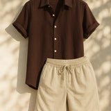 Linen Rayon Blend Button Up Shirt & Linen Drawstring Shorts Fernache