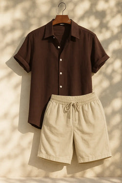 Linen Rayon Blend Button Up Shirt & Linen Drawstring Shorts Fernache