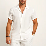 Linen Rayon Blend Button Up Shirt & Linen Drawstring Shorts Fernache