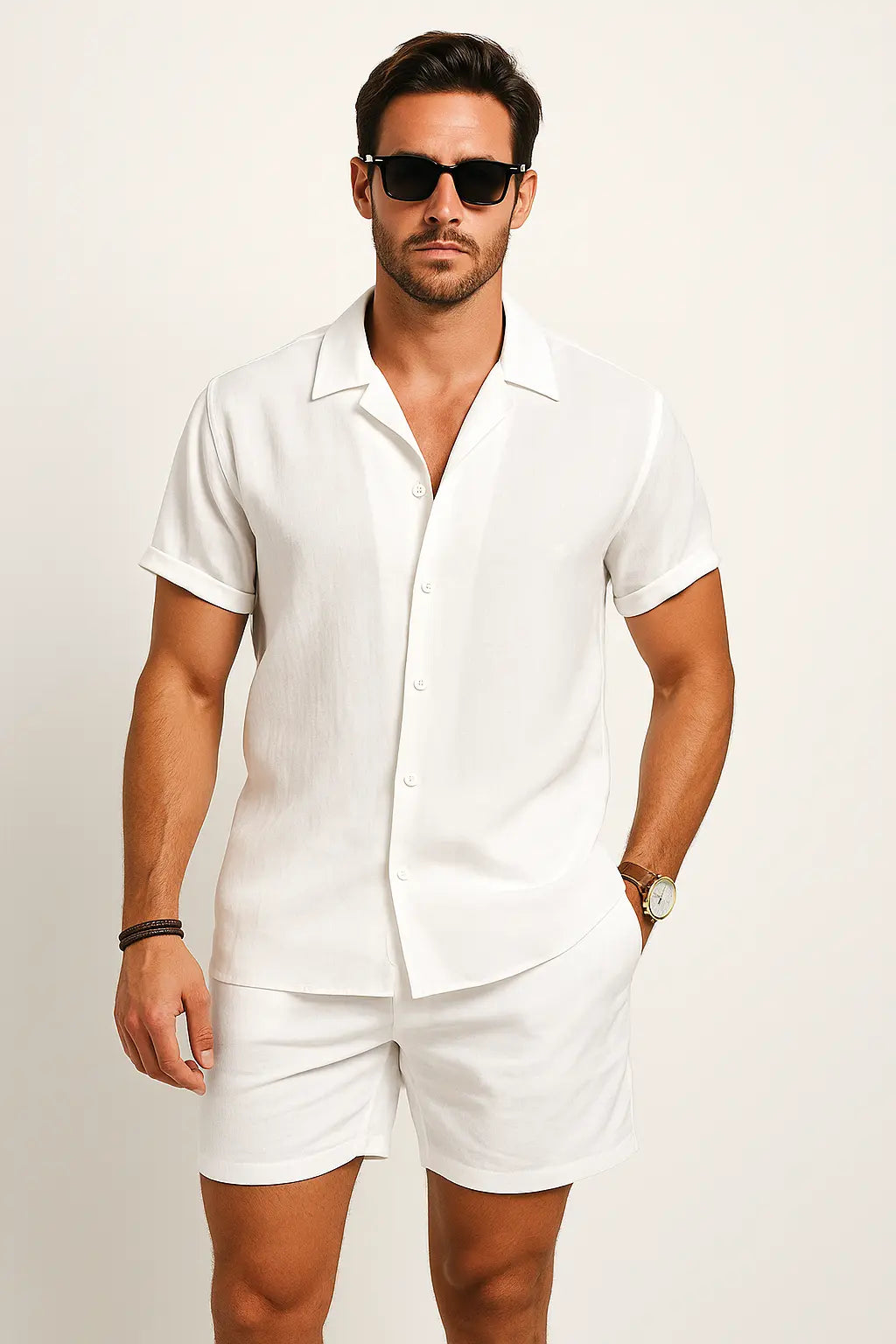 Linen Rayon Blend Button Up Shirt & Linen Drawstring Shorts Fernache