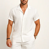 Linen Rayon Blend Button Up Shirt & Linen Drawstring Shorts Fernache