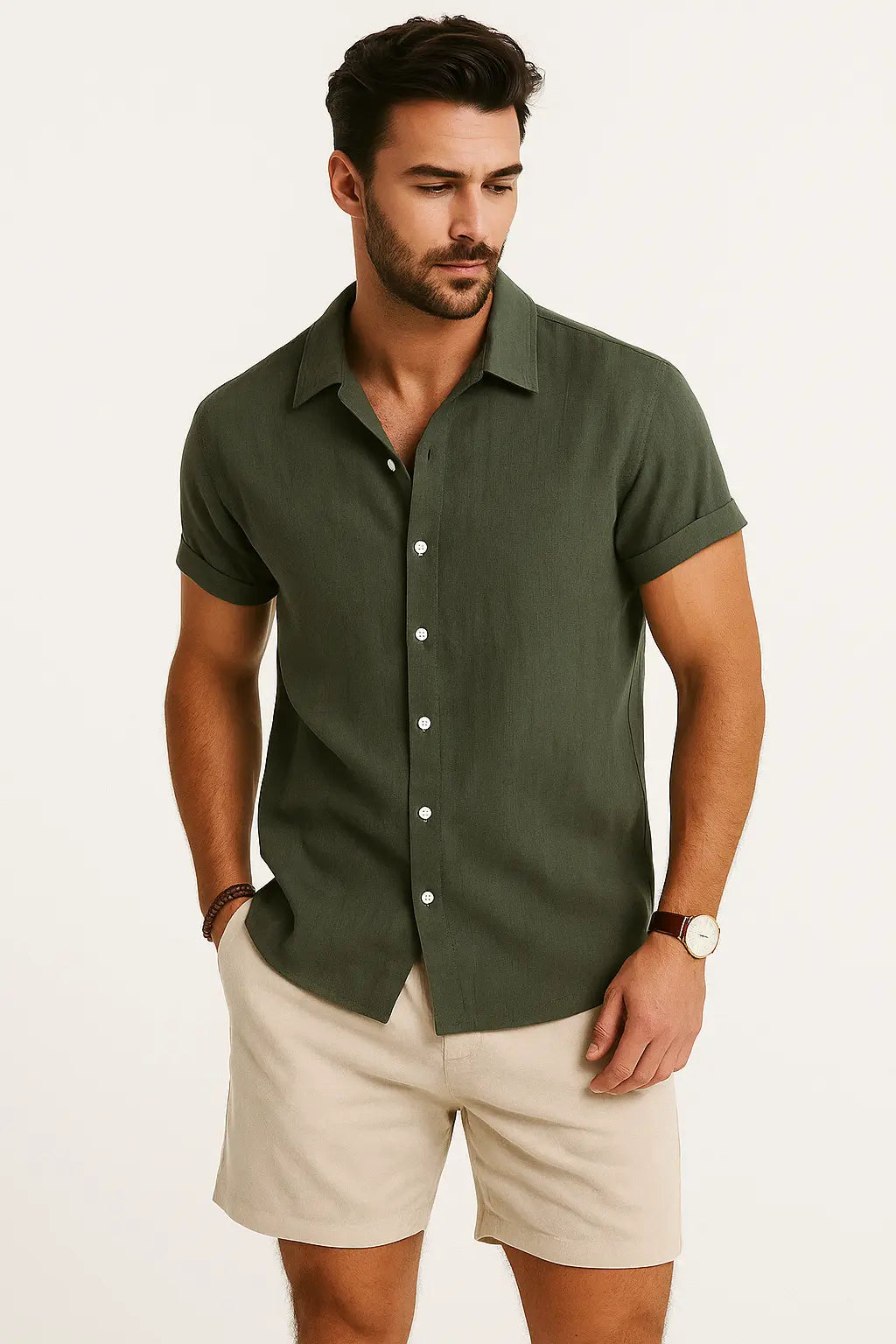 Linen Rayon Blend Button Up Shirt & Linen Drawstring Shorts Fernache