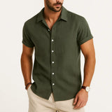 Linen Rayon Blend Button Up Shirt & Linen Drawstring Shorts Fernache