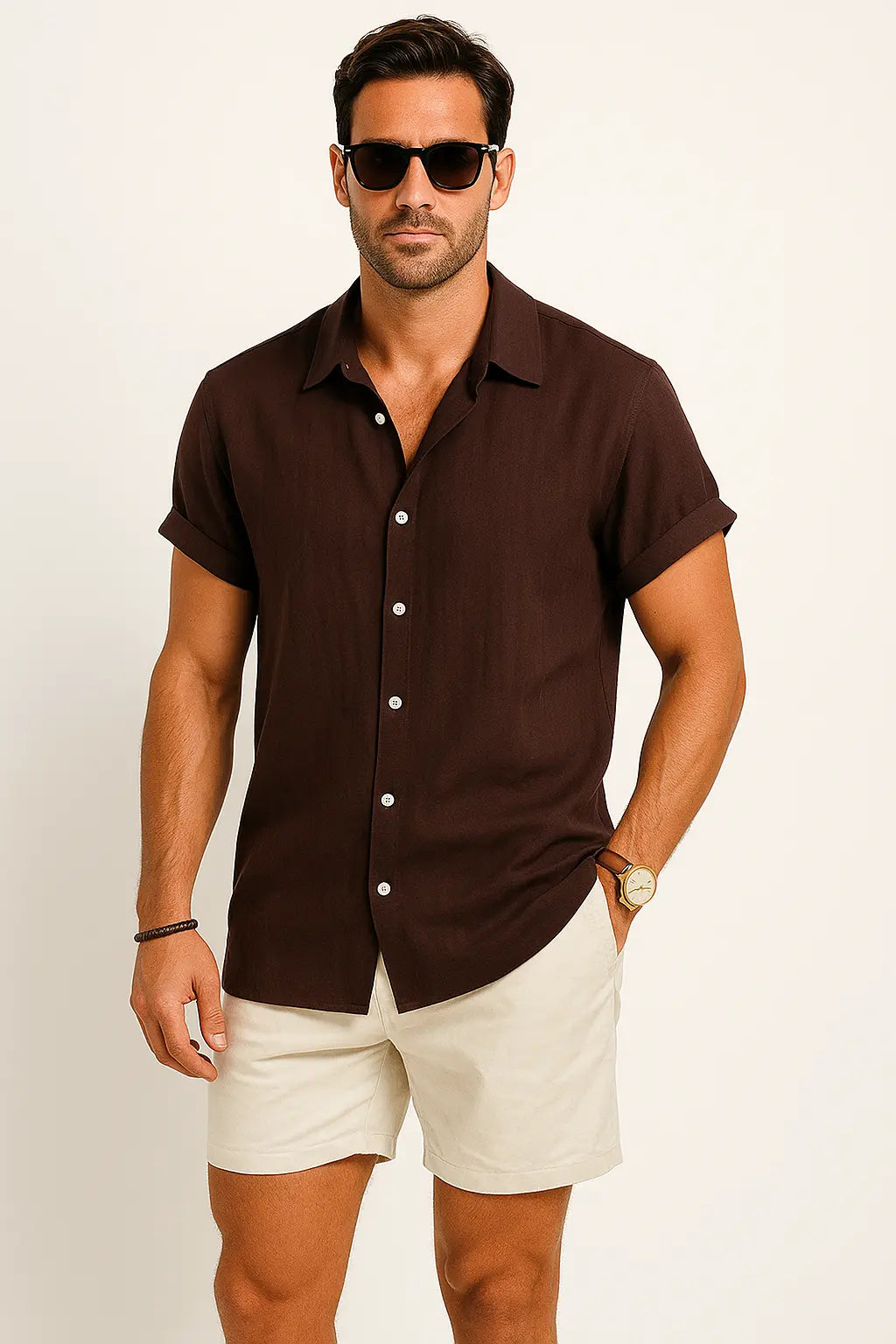 Linen Rayon Blend Button Up Shirt & Linen Drawstring Shorts Fernache