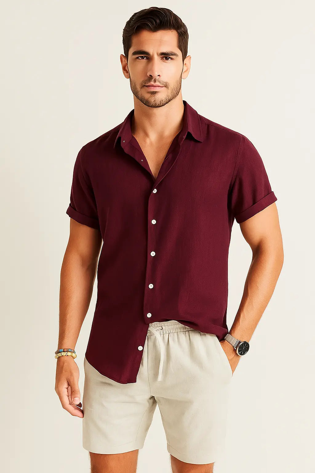 Linen Rayon Blend Button Up Shirt & Linen Drawstring Shorts Fernache