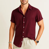 Linen Rayon Blend Button Up Shirt & Linen Drawstring Shorts Fernache