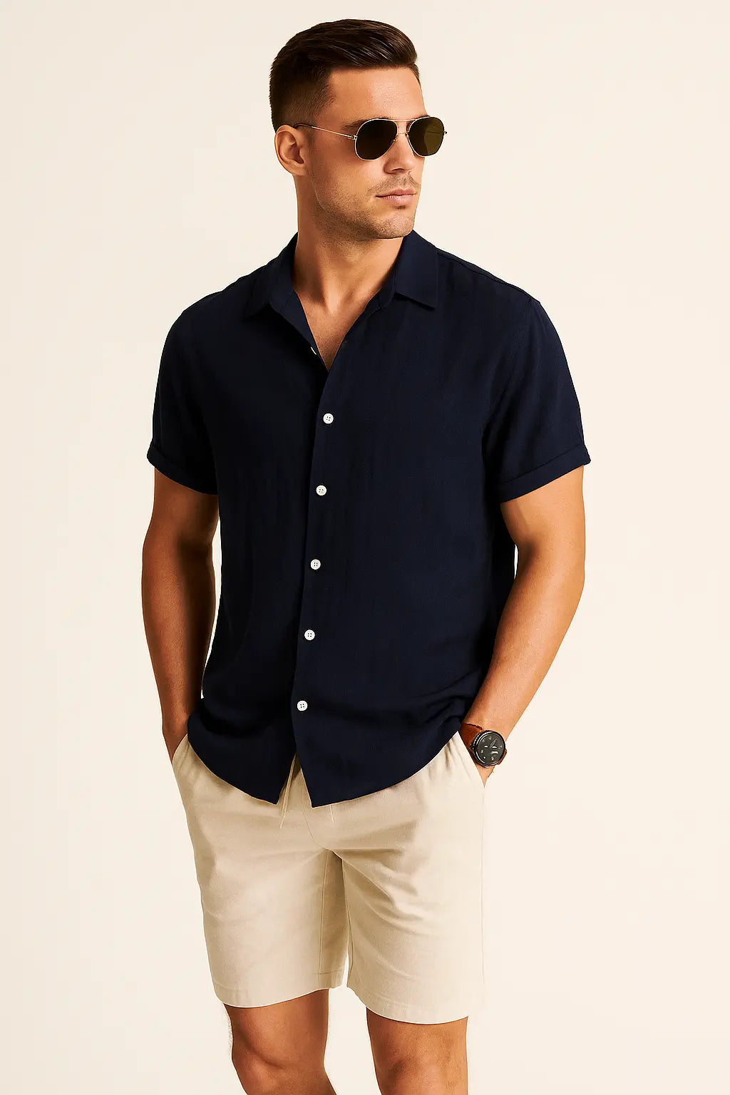 Linen Rayon Blend Button Up Shirt & Linen Drawstring Shorts Fernache