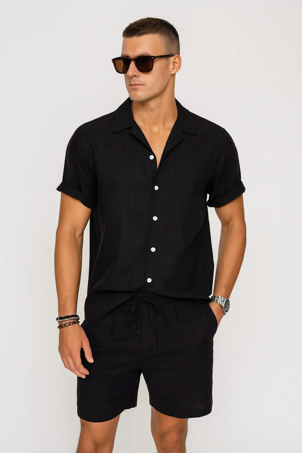 Linen Rayon Blend Button Up Shirt & Linen Drawstring Shorts Fernache