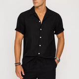 Linen Rayon Blend Button Up Shirt & Linen Drawstring Shorts Fernache