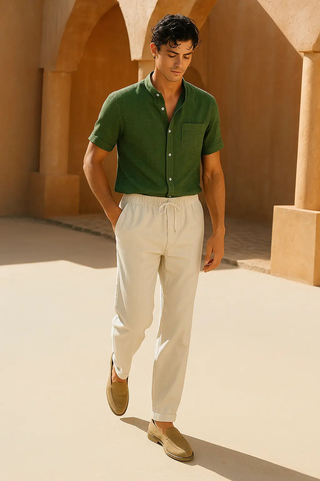 Short Sleeve Stand Collar Shirt & Straight Leg Linen Pants FERNACHE
