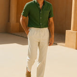 Short Sleeve Stand Collar Shirt & Straight Leg Linen Pants FERNACHE