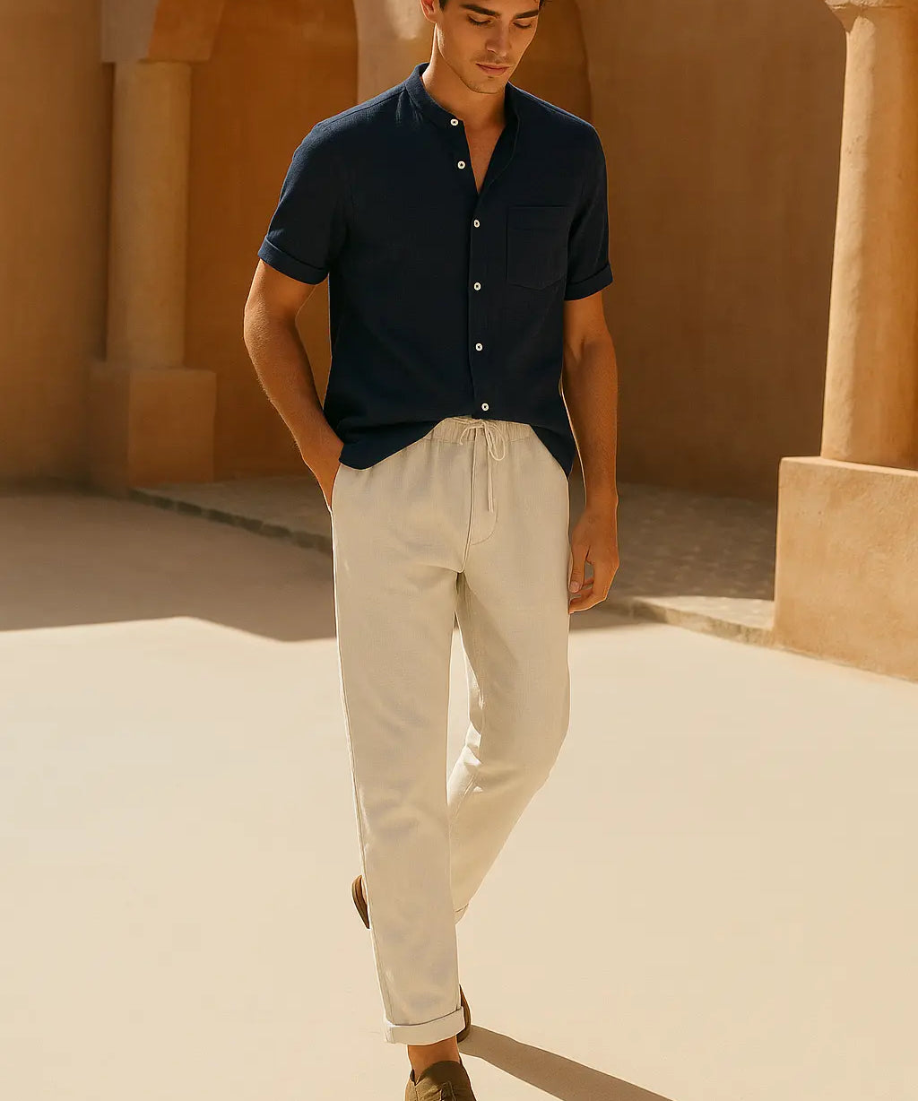Short Sleeve Stand Collar Shirt & Straight Leg Linen Pants FERNACHE