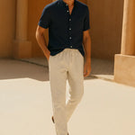 Short Sleeve Stand Collar Shirt & Straight Leg Linen Pants FERNACHE