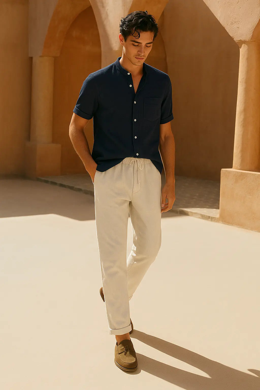 Short Sleeve Stand Collar Shirt & Straight Leg Linen Pants FERNACHE