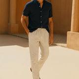 Short Sleeve Stand Collar Shirt & Straight Leg Linen Pants FERNACHE