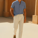 Short Sleeve Stand Collar Shirt & Straight Leg Linen Pants FERNACHE