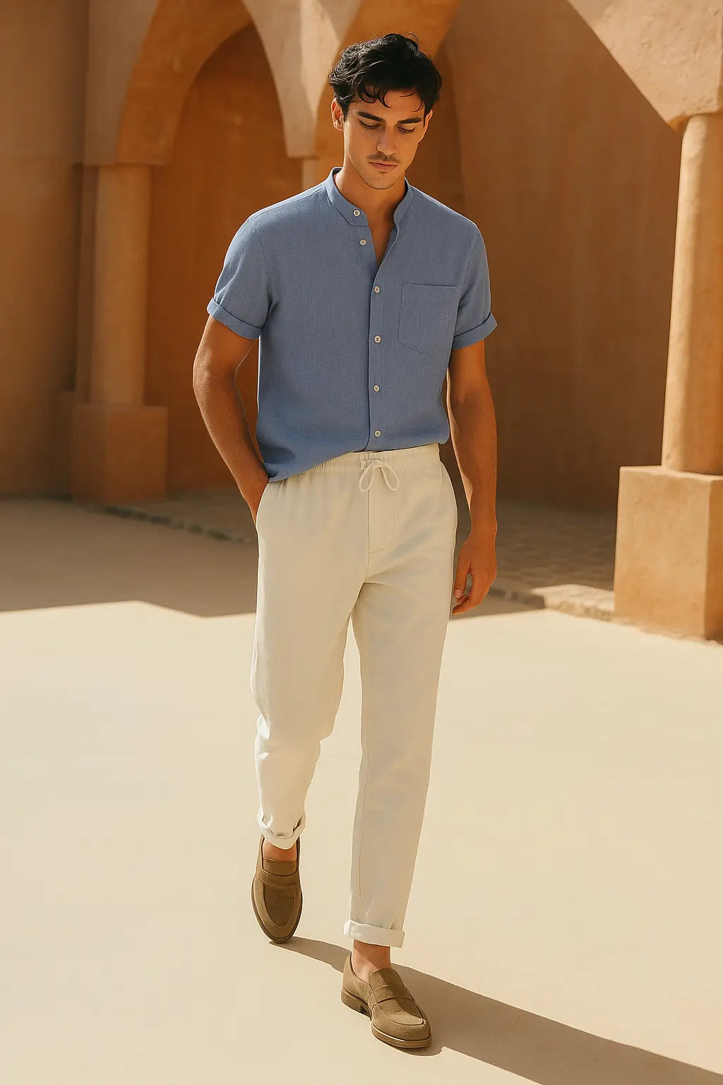 Short Sleeve Stand Collar Shirt & Straight Leg Linen Pants FERNACHE