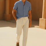 Short Sleeve Stand Collar Shirt & Straight Leg Linen Pants FERNACHE