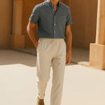 Short Sleeve Stand Collar Shirt & Straight Leg Linen Pants FERNACHE